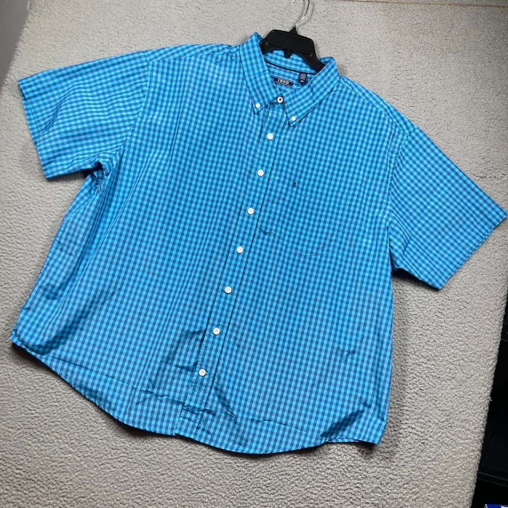 IZOD Button Down Shirt Men 3XB Blue Gingham Short Sleeve Cotton Blend Plaid